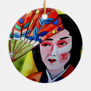 Ornement Rond En Céramique Geisha avec Fan