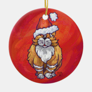 Ornement Rond En Céramique Ginger Chat Noël Sur Rouge
