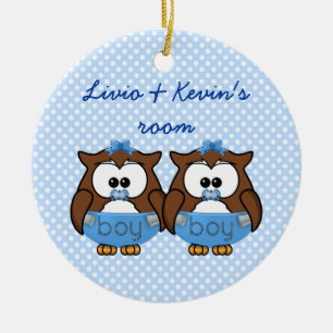 Ornement Rond En Céramique hibou jumeau de bébé