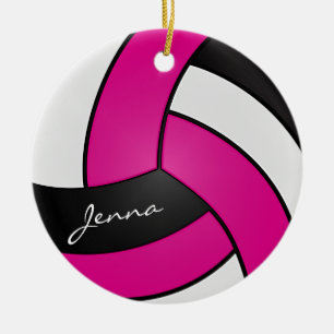 Ornement Rond En Céramique Hot Pink, White & Black Personalize Volleyball 🏐