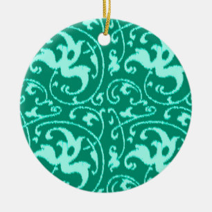 Ornement Rond En Céramique Ikat Floral Damask - Turquoise et Aqua