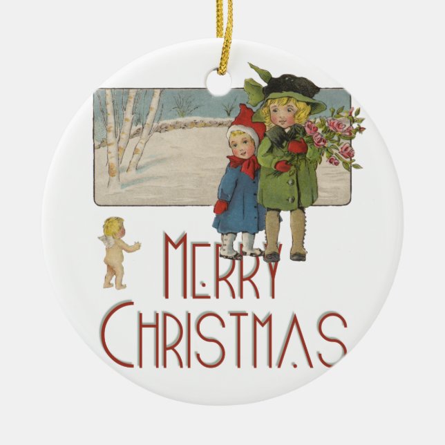 Ornement Rond En Céramique Illustration de Noël Antique Enfants 1920 (Devant)