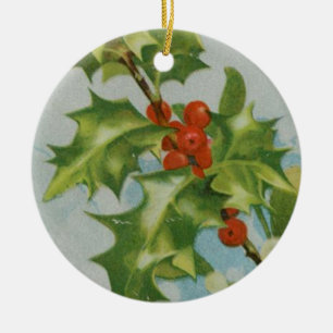 Ornement Rond En Céramique Illustration vintage de houx de Noël