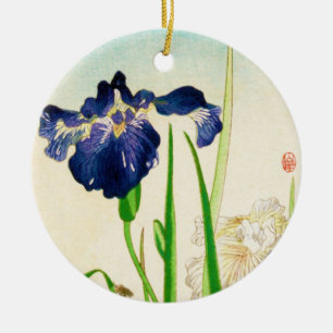 Ornement Rond En Céramique Iris bleu - estampe aquarelle japonaise