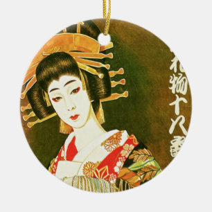 Ornement Rond En Céramique Japonais Geisha & Wasaga Papier Umbrella Art