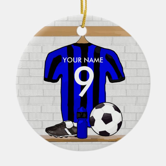 Ornement Rond En Céramique Jersey de football noir et bleu personnalisé (Devant)