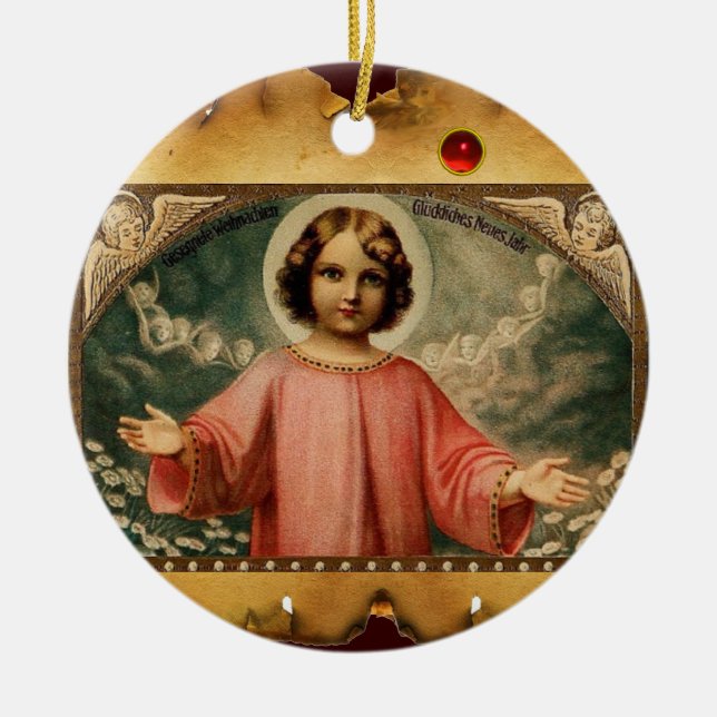 Ornement Rond En Céramique JÉSUS ENFANT AVEC ANGELS, Parchemin (Devant)