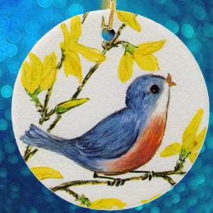 Ornement Rond En Céramique Joli Chanteur Oiseau Bleu Arbre