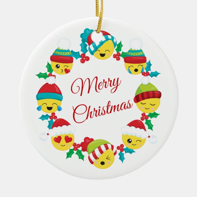 Ornement Rond En Céramique Joyeuse couronne Emoji Noël (Devant)