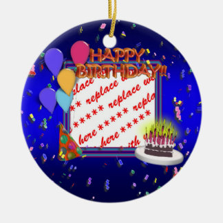 Ornement Rond En Céramique Joyeux Anniversaire Avec Cadre Photo Confetti