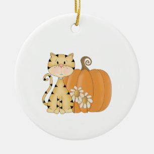 Ornement Rond En Céramique Kitty orange avec le citrouille