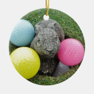 Ornement Rond En Céramique Lapin avec oeuf jaune rose