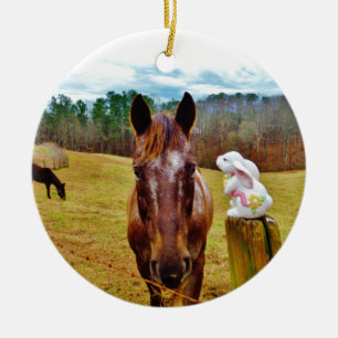 Ornement Rond En Céramique Lapin de Pâques et cheval Brown