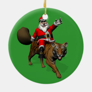 Ornement Rond En Céramique Le Père Noël Monte Un Tigre
