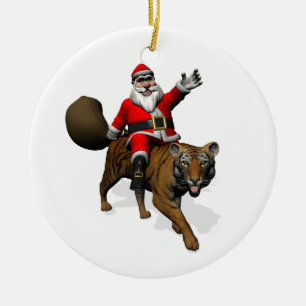 Ornement Rond En Céramique Le Père Noël Monte Un Tigre