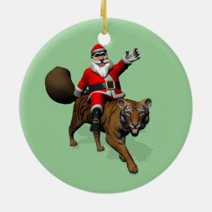 Ornement Rond En Céramique Le Père Noël Monte Un Tigre