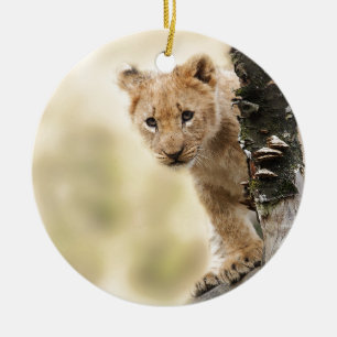 ORNEMENT ROND EN CÉRAMIQUE LE PETIT LION CUB MIGNON S'ÉTENDENT
