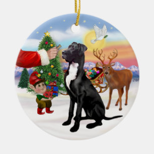 Ornement Rond En Céramique Le Traitement de Père Noël - Grand Danois noir