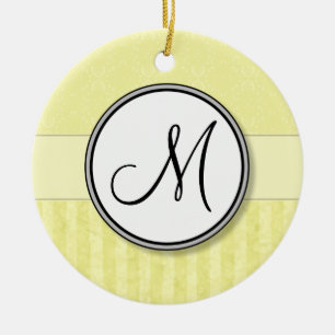 Ornement Rond En Céramique Lemon Cream Damask with Stripes and Monogram