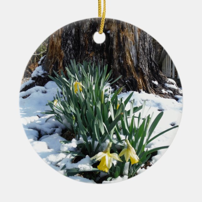 Ornement Rond En Céramique Les jonquilles jaunes dans la neige (Devant)