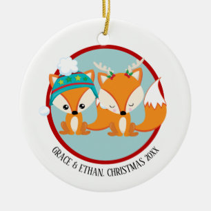 Ornement Rond En Céramique Les renards rouges de Noël personnalisés