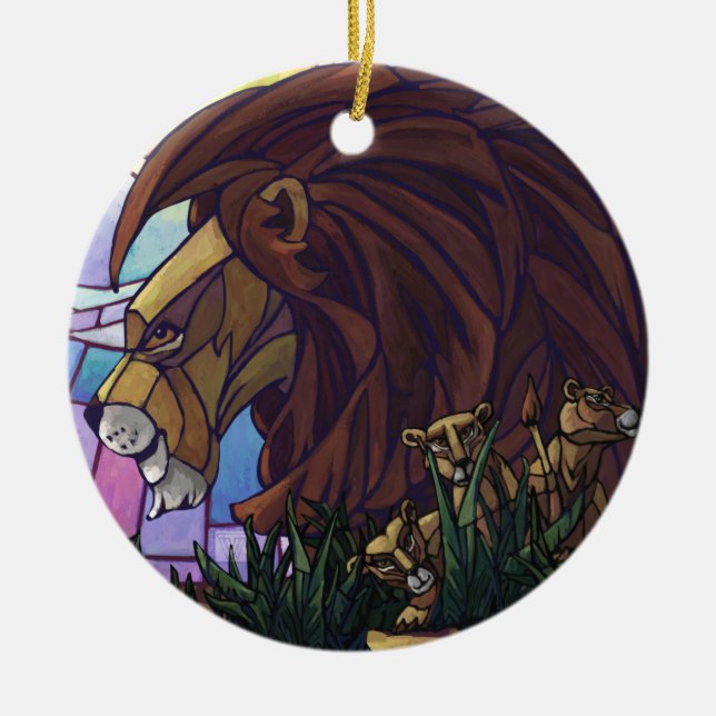 Ornement Rond En Céramique Lion et petits (Devant)