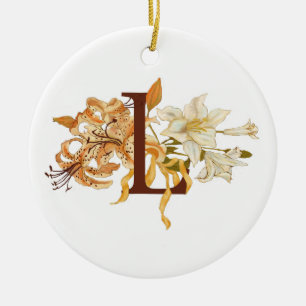 Ornement Rond En Céramique Lis oranges et blancs, lettre L