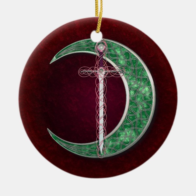 Ornement Rond En Céramique Lune celtique rouge et verte (Devant)