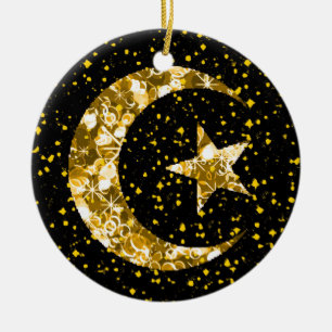 Ornement Rond En Céramique Lune et étoile d'or brillant