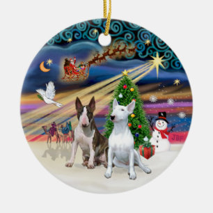 Ornement Rond En Céramique Magie de Noël - Bull-Terriers (deux)