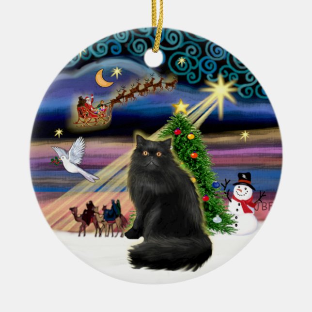Ornement Rond En Céramique Magie de Noël - chat perse noir (Devant)
