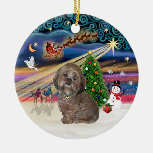 Ornement Rond En Céramique Magie de Noël - Lhasa Apso (marron) (Devant)