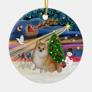 Ornement Rond En Céramique Magie de Noël - Pomeranian (rouge clair)