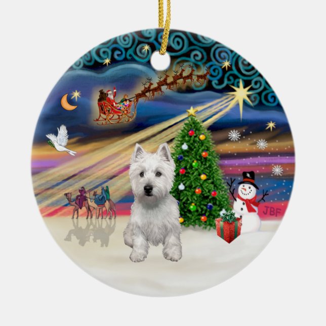 Ornement Rond En Céramique Magie de Noël - Westie (P) (Devant)