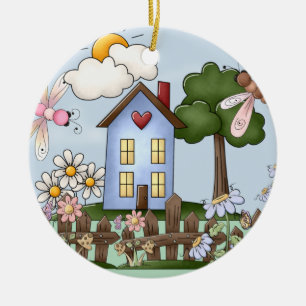 Ornement Rond En Céramique Maison Bleue Cute au soleil