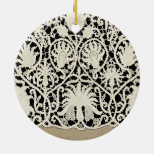 Ornement Rond En Céramique Mariage Antique Dentelle Lin Blanc Classique Joli