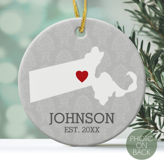 Ornement Rond En Céramique Massachusetts Home State City Map - Mariage person (Personalized Photo Ornament)