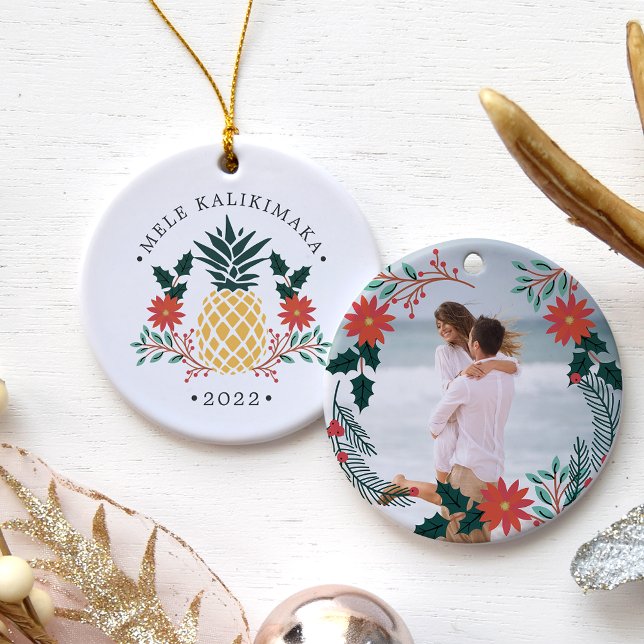 Ornement Rond En Céramique Mele Kalikimaka | Photo de Noël hawaïenne (Créateur téléchargé)
