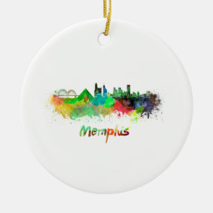 Ornement Rond En Céramique Memphis skyline in watercolor