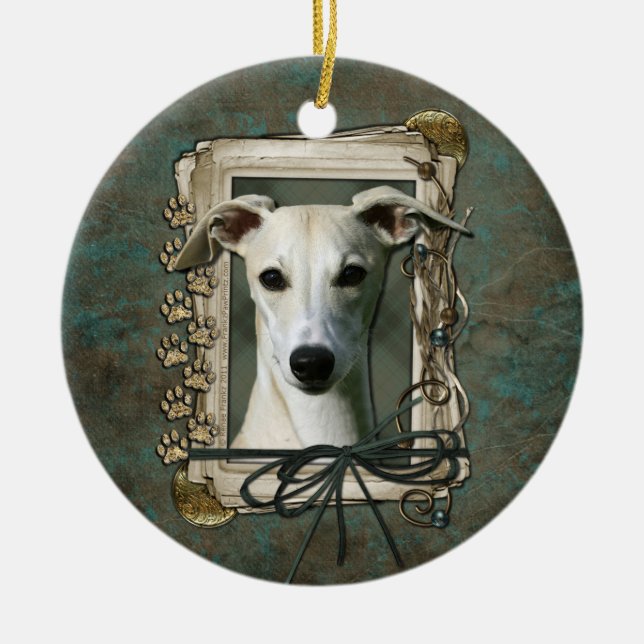 Ornement Rond En Céramique Merci - pattes en pierre - whippet (Devant)
