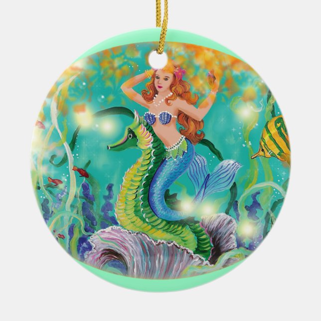 Ornement Rond En Céramique Mermaid & Seahorse Cadeau de Noël (Devant)
