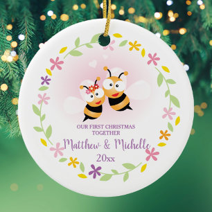 Ornement Rond En Céramique Mignonne M. Et Mme Honey Bee Première Garde De Noë