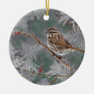 Ornement Rond En Céramique Moineau sur des brindilles ornamant