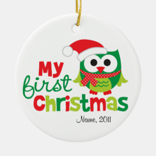 Ornement Rond En Céramique Mon premier hibou de Père Noël de Noël