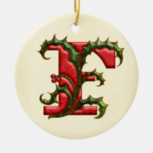 Ornement Rond En Céramique Monogramme F de houx de Noël