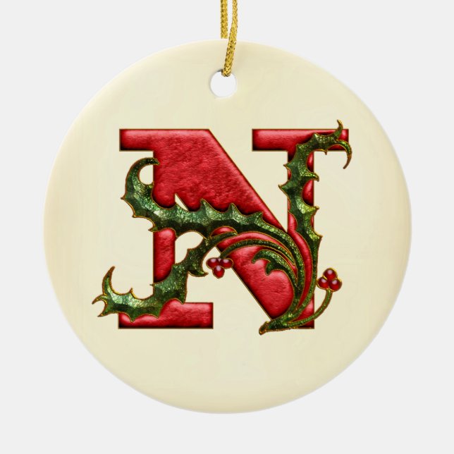 Ornement Rond En Céramique Monogramme N de houx de Noël (Devant)