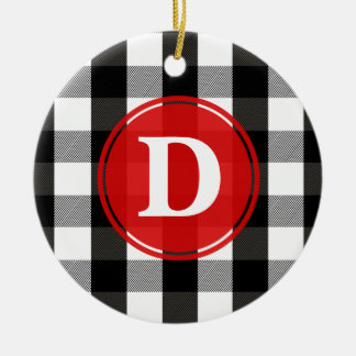 Ornement Rond En Céramique Monogramme noir et blanc de plaid de bûcheron
