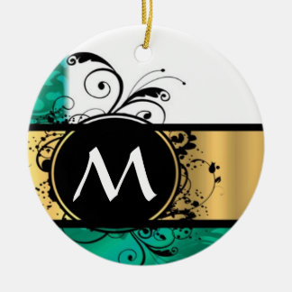 Ornement Rond En Céramique monogramme turquoise vert et or