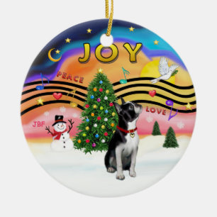 Ornement Rond En Céramique Musique de Noël 2 - Boston Terrier