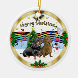 Ornement Rond En Céramique Musique Xmas 1 - Deux Dachshunds